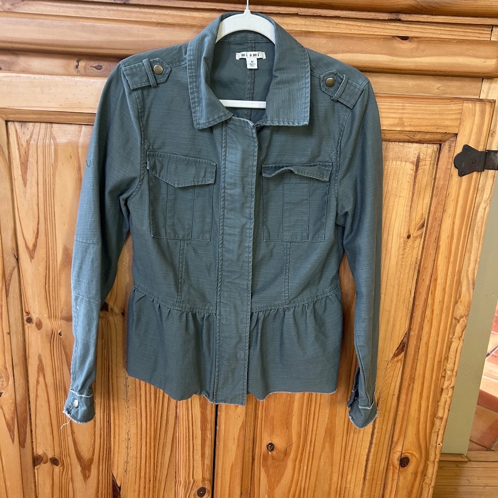 Miami Peplum Utility‎ Jacket Green Zipper Snaps Pockets 100% Cotton Size Medium